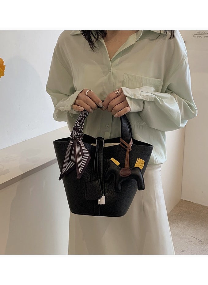 NIBEMINENT - Patchwork Pendant Decor Simple Design Satchel Bag Include Pony Pendant and Silk Scarf - Image 1