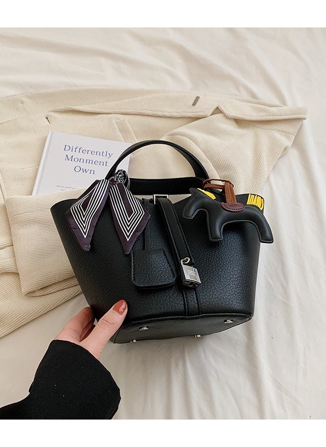 NIBEMINENT - Patchwork Pendant Decor Simple Design Satchel Bag Include Pony Pendant and Silk Scarf - Image 1
