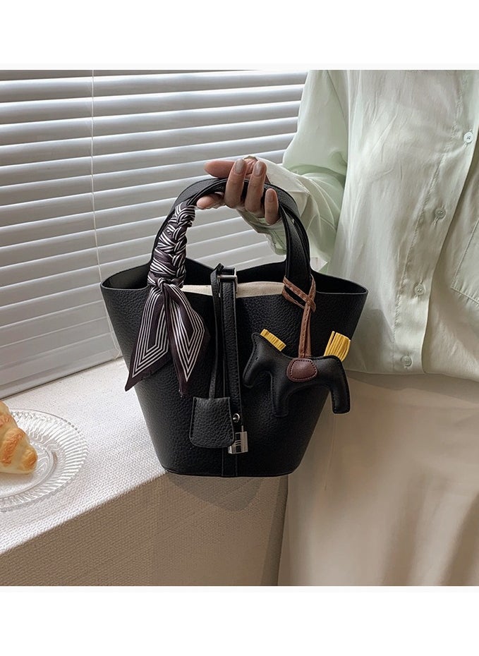NIBEMINENT - Patchwork Pendant Decor Simple Design Satchel Bag Include Pony Pendant and Silk Scarf - Image 1