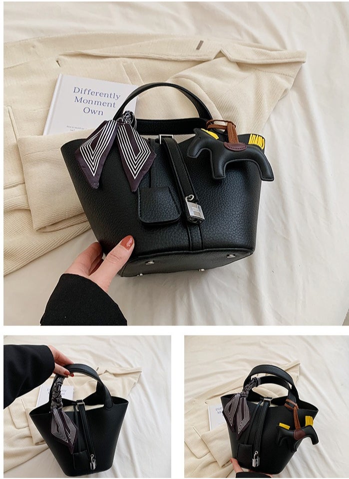 NIBEMINENT - Patchwork Pendant Decor Simple Design Satchel Bag Include Pony Pendant and Silk Scarf - Image 1
