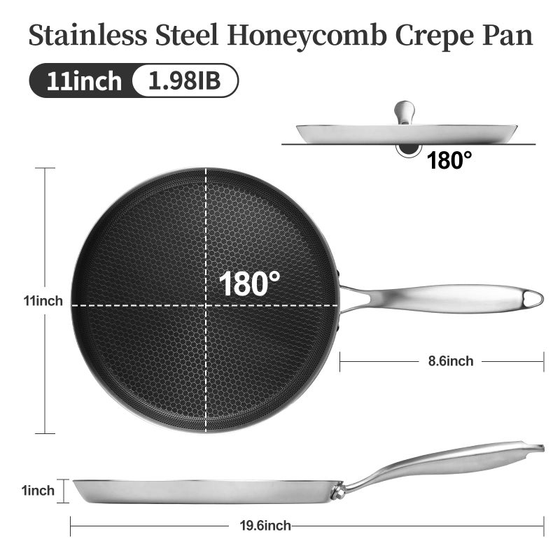 Innerwell Stainless Steel Crepe Pan - 11inch Nonstick Crepe Pan, Stainless Steel Honeycomb Coating Pancake Pan, Non Stick Flat Skillet Tawa Dosa Tortilla Griddle Pan, Induction Compatible, PFOA Free - Image 5