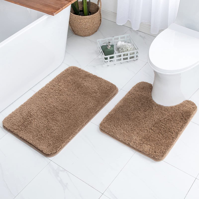 MIULEE Microfiber Bathroom Rugs and mats Sets 2 Pieces Extra Thick Non Slip Bath Mat and UShaped Contour Toilet Rug for Bath Room Floor Restroom 20x3020x24 Light Brown