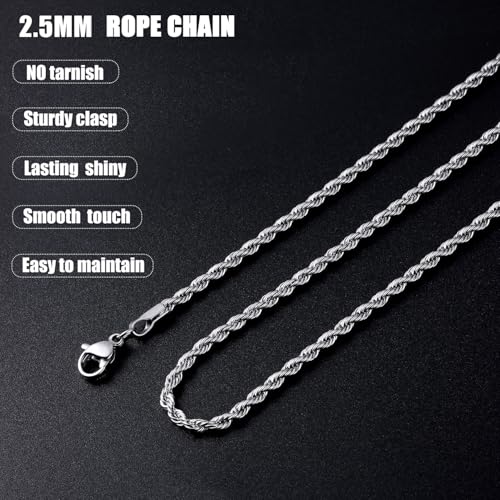 Fiusem Silver Tone Chain Necklace for Men, 2.5mm Stainless Steel Rope Chain for Men and Women, Silver Tone Necklace 24 Inch - Image 5