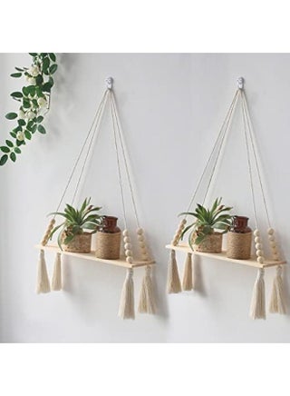 2 Pack Macrame Wall Shelf with Wooden Beads and Soft Tassel Details for Displaying Plants and Decorative Accents in Elegant Boho Style – 35 × 57.5 CM
