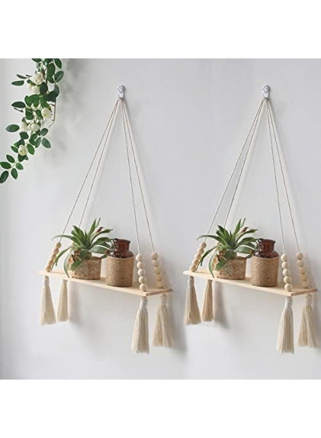 Antikiano 2 Pack Macrame Wall Hanging Shelf, Wood Floating Shelves Boho Wall Decor, Adjustable Rustic Plant Storage Rack Holder with Tassels Room Decor for Bedroom Lving Room Nursery (Beads Tassels) - Image 1