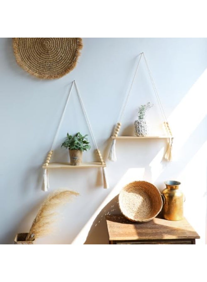 Antikiano 2 Pack Macrame Wall Hanging Shelf, Wood Floating Shelves Boho Wall Decor, Adjustable Rustic Plant Storage Rack Holder with Tassels Room Decor for Bedroom Lving Room Nursery (Beads Tassels) - Image 5