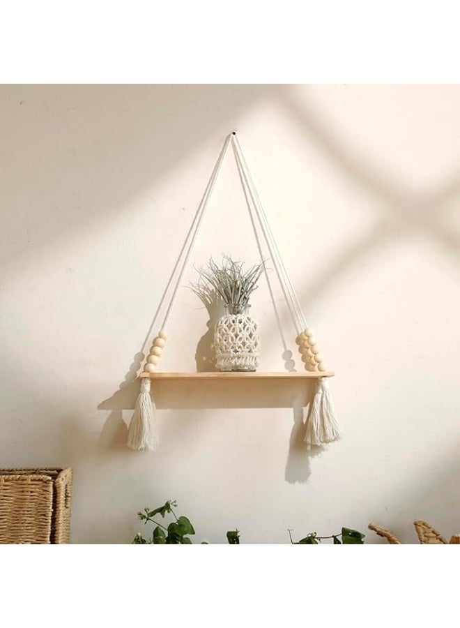 Antikiano 2 Pack Macrame Wall Hanging Shelf, Wood Floating Shelves Boho Wall Decor, Adjustable Rustic Plant Storage Rack Holder with Tassels Room Decor for Bedroom Lving Room Nursery (Beads Tassels) - Image 3