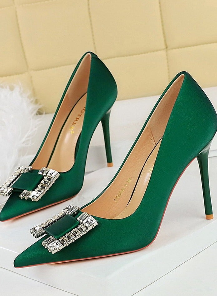 BIGTREE Women's Satin Closed Pointed Toe Stiletto Pump Rhinestone Square Buckle Decoration High Heels Dark Green 10CM - Image 1