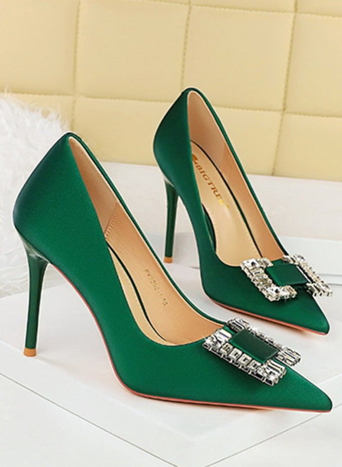 BIGTREE Women's Satin Closed Pointed Toe Stiletto Pump Rhinestone Square Buckle Decoration High Heels Dark Green 10CM - Image 2
