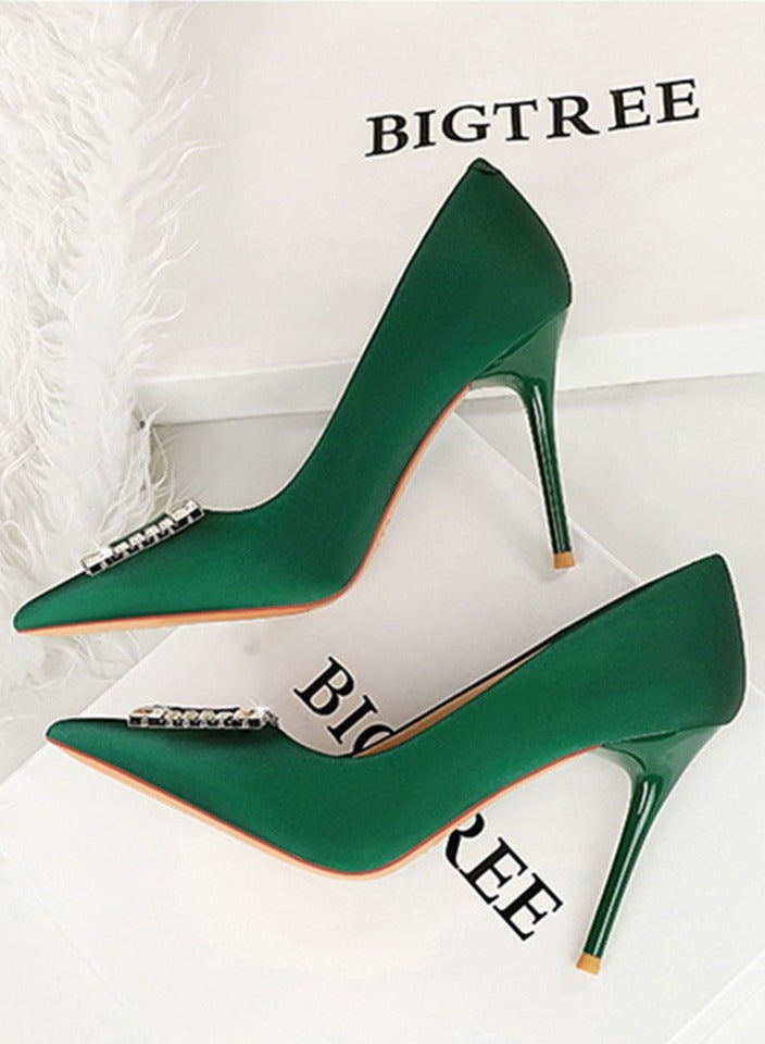 BIGTREE Women's Satin Closed Pointed Toe Stiletto Pump Rhinestone Square Buckle Decoration High Heels Dark Green 10CM - Image 3