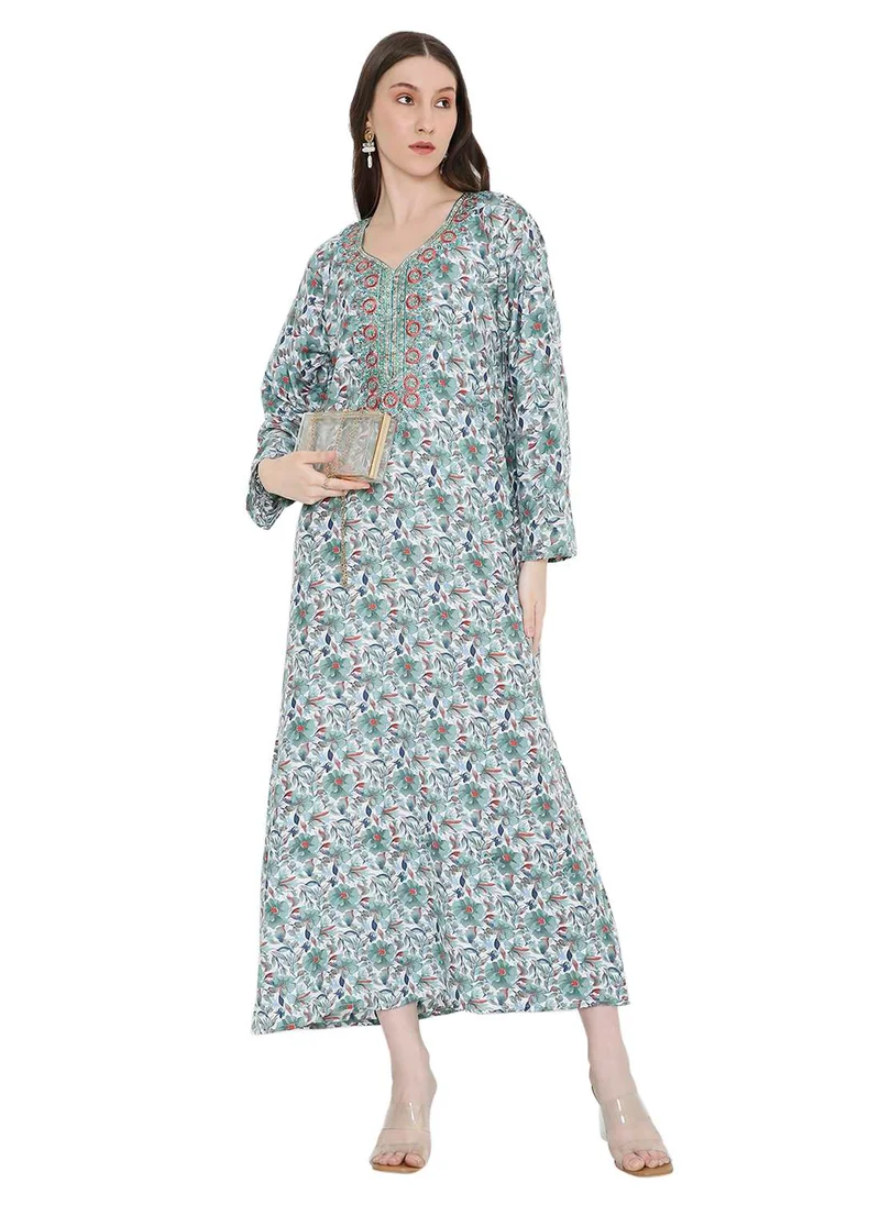 هانا آند سارا arabic kaftan jalabiya dress with a long distinctive flower print and thread embroidery
