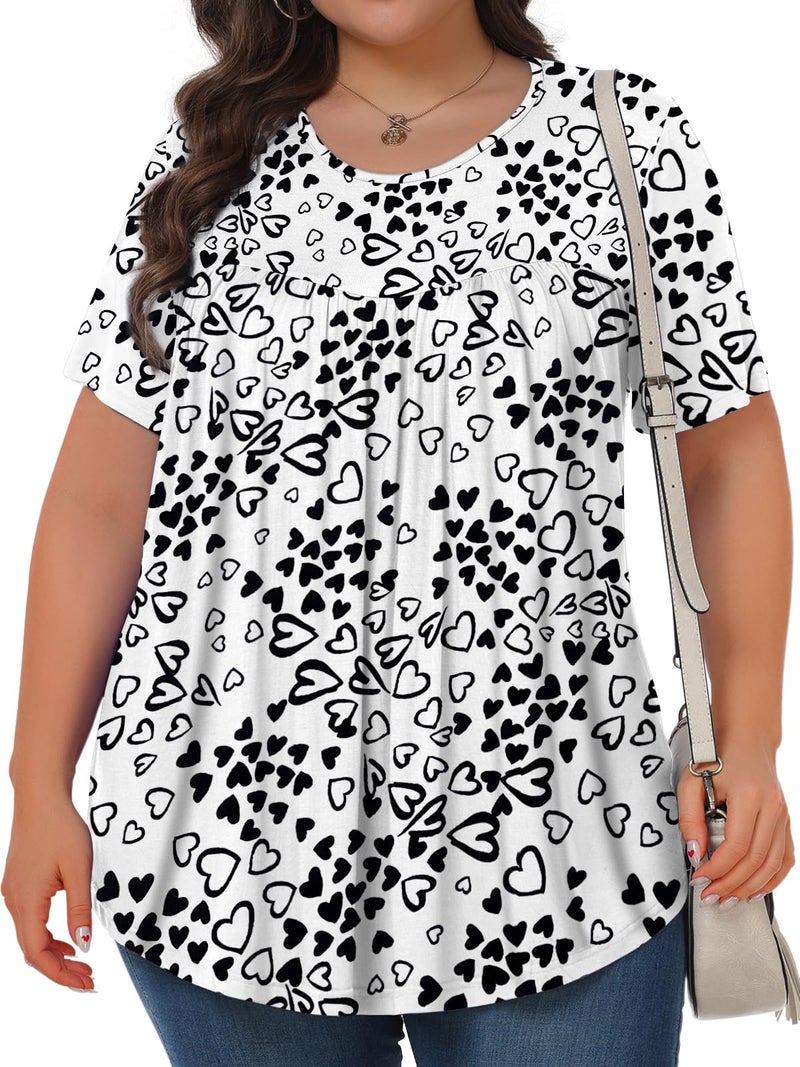 Tencede Womens Plus Size Tops Tunic Short Sleeve Crew Neck Shirts Casual Soft Blouse Lovely Love 1X - Image 2