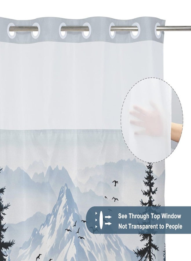 AWERT Forest No Hook Shower Curtain with Snap in Liner Misty Mountain Birds Dark Blue Shower Curtain for Bathroom Fabric Waterproof Liner 71 Wx74L - Image 2