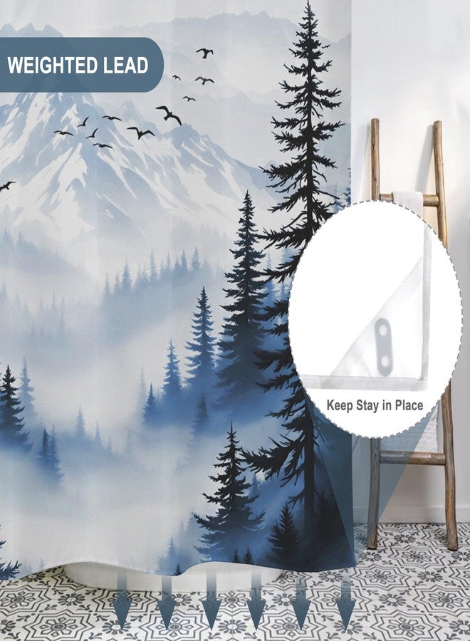 AWERT Forest No Hook Shower Curtain with Snap in Liner Misty Mountain Birds Dark Blue Shower Curtain for Bathroom Fabric Waterproof Liner 71 Wx74L - Image 4