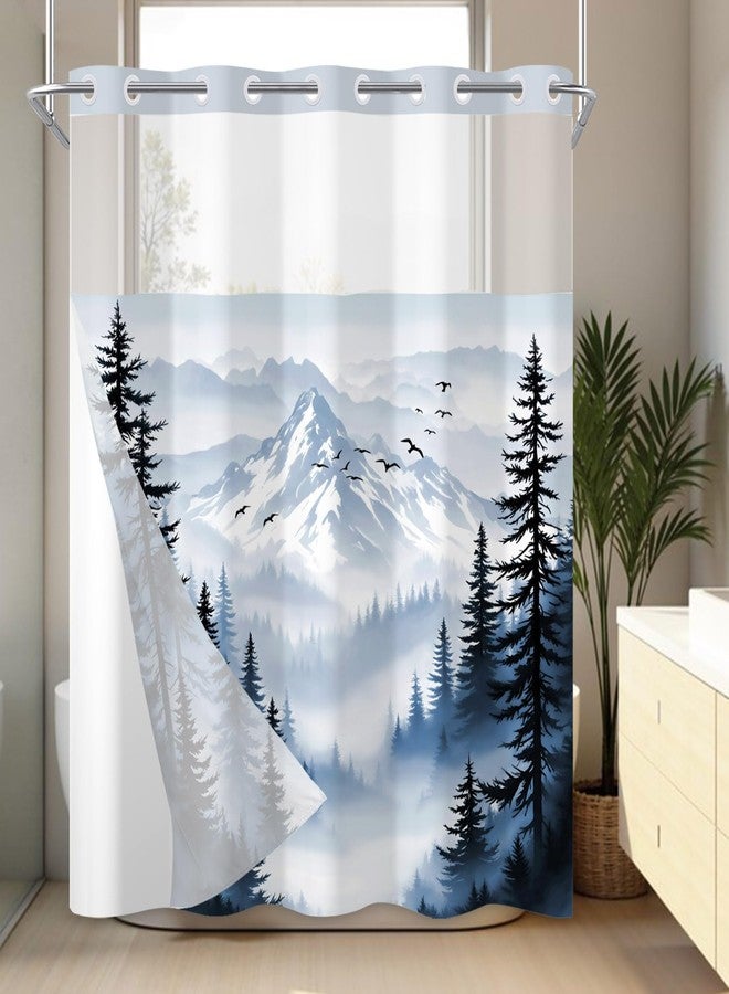 AWERT Forest No Hook Shower Curtain with Snap in Liner Misty Mountain Birds Dark Blue Shower Curtain for Bathroom Fabric Waterproof Liner 71 Wx74L - Image 1