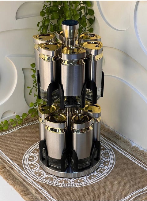 Stainless spice set 12-piece spice set + 2 stainless steel rotating stands * glass and the cover is hardened plastic, silver stainless steel inlaid with gold, very high quality, imported