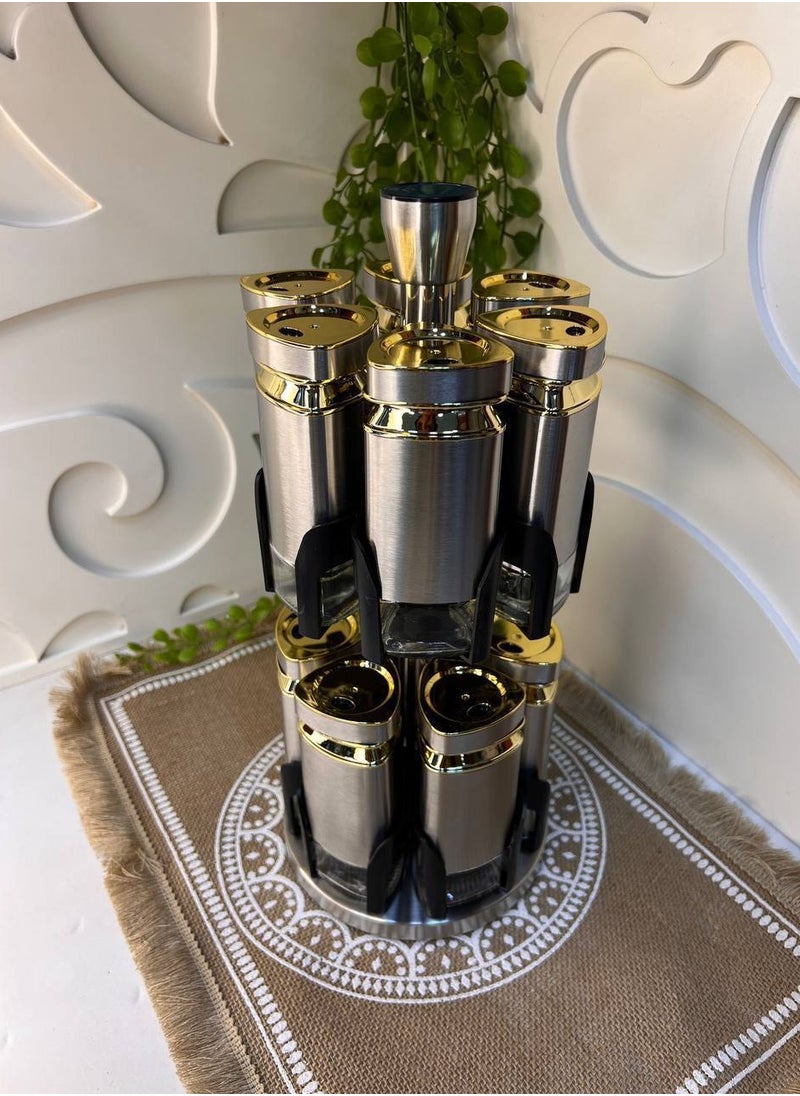 Stainless spice set 12-piece spice set + 2 stainless steel rotating stands * glass and the cover is hardened plastic, silver stainless steel inlaid with gold, very high quality, imported