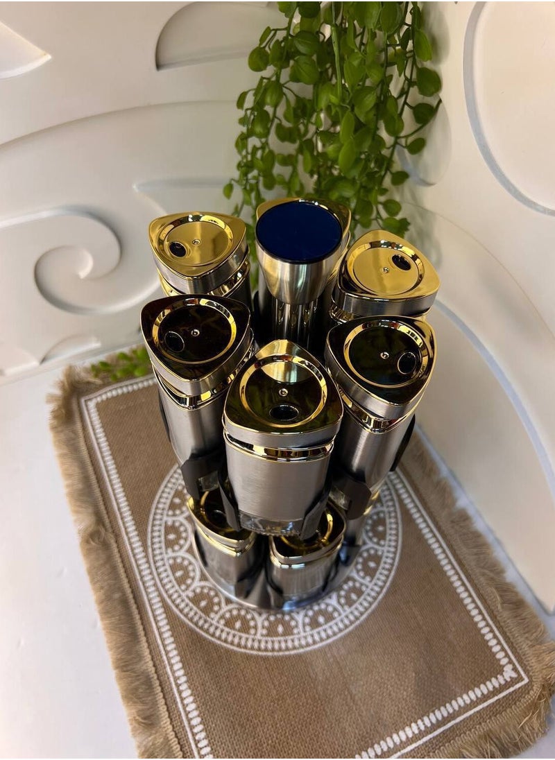 Stainless spice set 12-piece spice set + 2 stainless steel rotating stands * glass and the cover is hardened plastic, silver stainless steel inlaid with gold, very high quality, imported