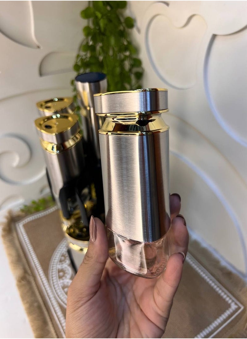 Stainless spice set 12-piece spice set + 2 stainless steel rotating stands * glass and the cover is hardened plastic, silver stainless steel inlaid with gold, very high quality, imported