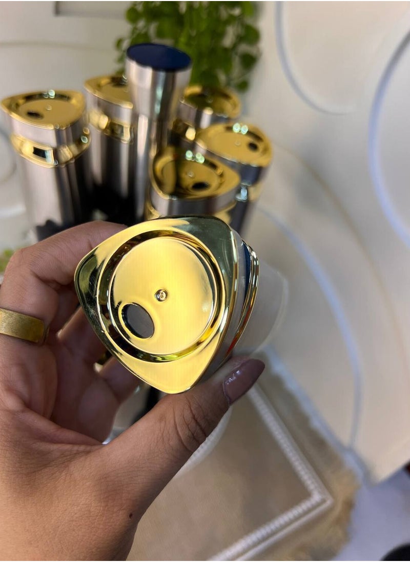 Stainless spice set 12-piece spice set + 2 stainless steel rotating stands * glass and the cover is hardened plastic, silver stainless steel inlaid with gold, very high quality, imported