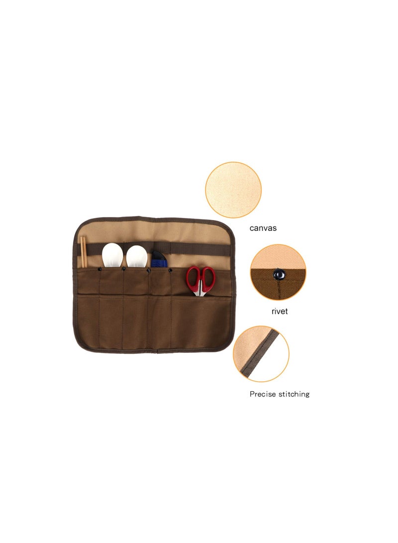 SYOSI Multi Purpose Cutlery Roll Bag, Chefs Knife Roll Bag, 10 Slot Waxed Canvas Chef Bag, Knife Case, Portable Knife Bag Cultery Storage Holder Travel Knife Roll Pouch Storage Bag for Men Pro Chef - Image 3