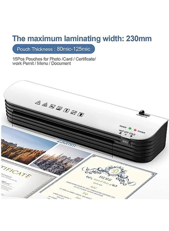 OKASA - Hot and Cold Laminating Machine: This versatile 4-in-1 thermal laminator is suitable for A4, A5, and A6 sizes, with a maximum width of 9 inches. Perfect for home, office, or school use, it comes with a paper trimmer, corner rounder, and 15 laminating pouches. - Image 1
