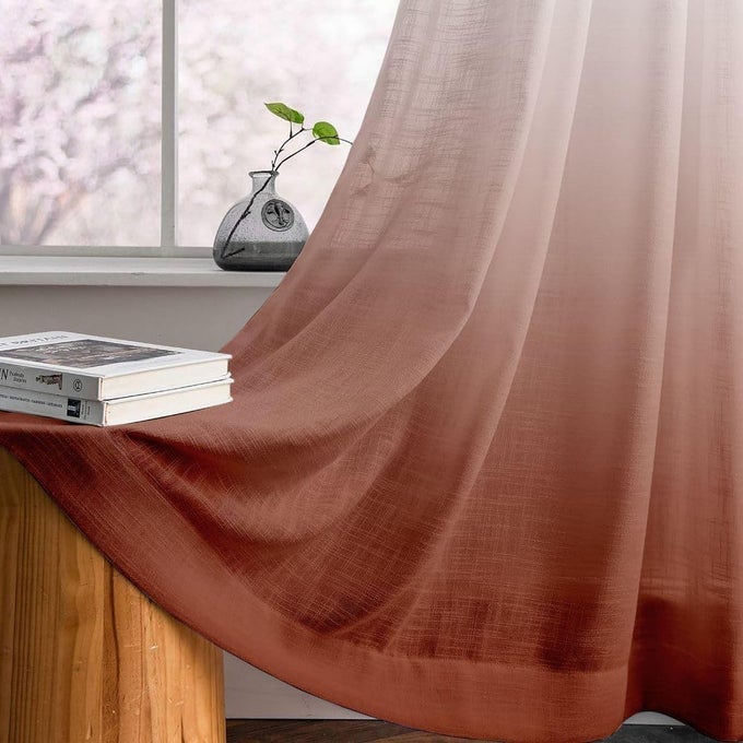Ombre Printed Linen Textured Sheer Curtains for Living Room Bedroom Dining Room Kitchen Bathroom 9 FEET White Brown