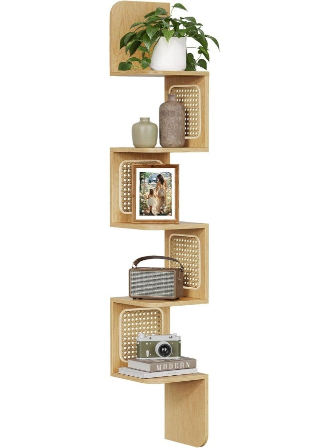 VASAGLE Corner Shelf, 5-Tier Corner Floating Wall Shelf, Wall Mounted Zigzag Corner Shelf Unit, PVC Rattan Sides, Space-Saving, for Kitchen, Bedroom, Living Room, Boho Style, Oak Beige - Image 1