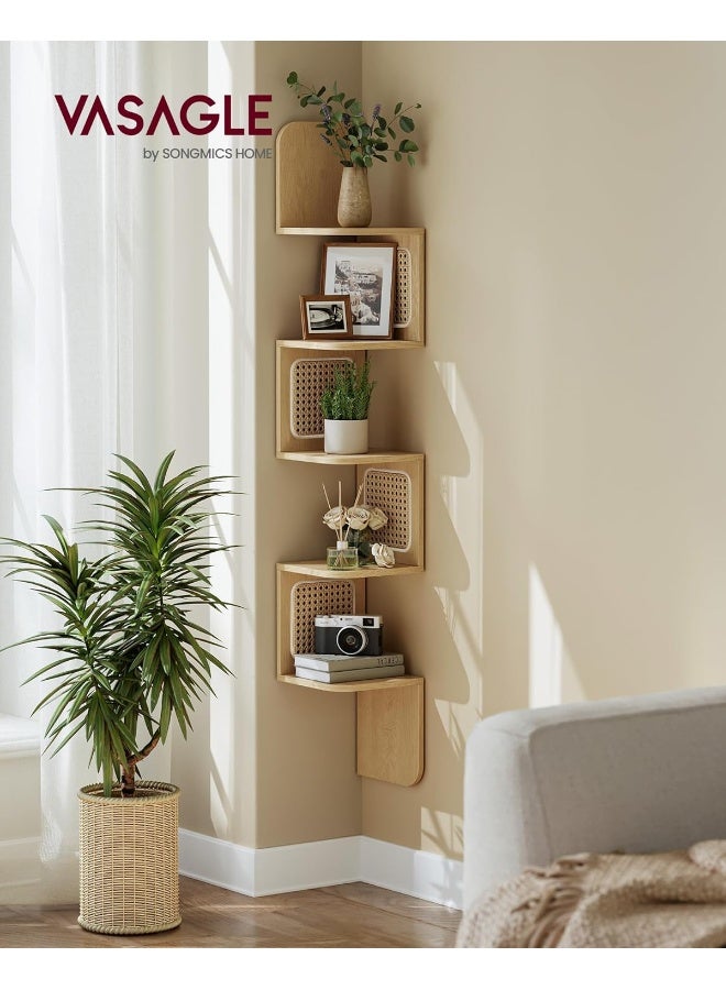 VASAGLE Corner Shelf, 5-Tier Corner Floating Wall Shelf, Wall Mounted Zigzag Corner Shelf Unit, PVC Rattan Sides, Space-Saving, for Kitchen, Bedroom, Living Room, Boho Style, Oak Beige - Image 2