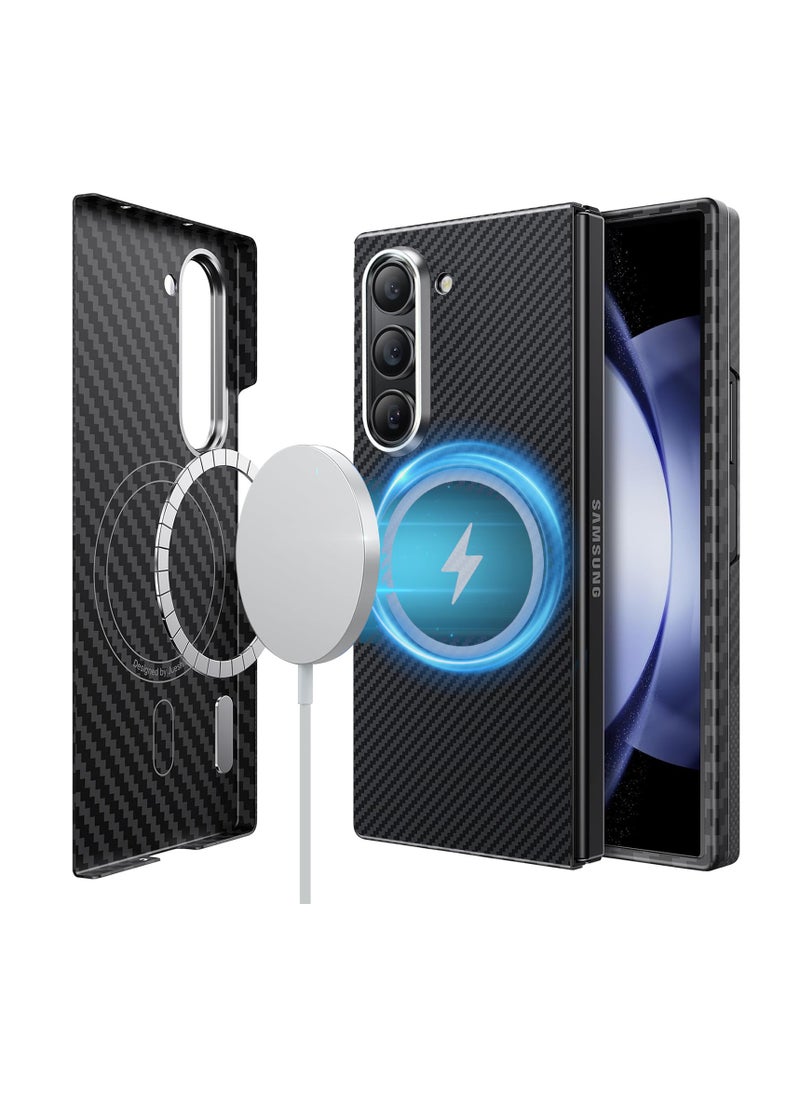 Aookay Magnetic Case for Samsung Galaxy Z Fold 6 5G, Real 600D Aramid Fiber Kevlar 600D Slim Thin Touch Feeling Ultra Light, Compatible with Mag-Safe Support Wireless Charging Cover for Fold 6 (Deep Black)  - Image 1