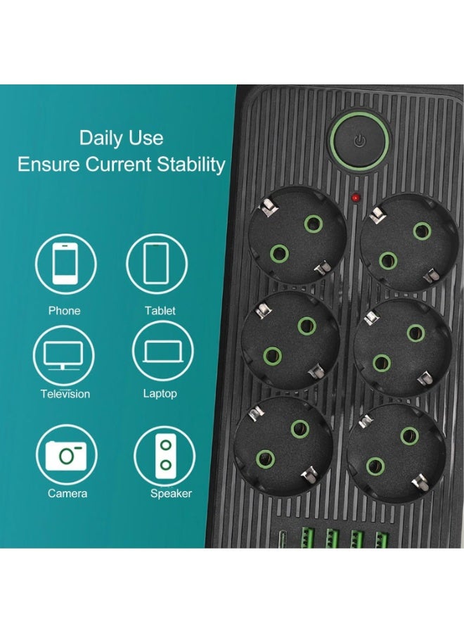 Power Strip 6-Outlet , Strong and flexible cord for powering electrical appliances 4 USB Ports and a Type-C Output, 2500W, 2m Cable, Fire-Resistant  Practical design withstands daily use and powers up to 6 devices at the same time , Ideal for offices, bedrooms, meeting tables, and computers , Durable and resistant plastic material , Stable, non-slip feet high quality  - Image 4
