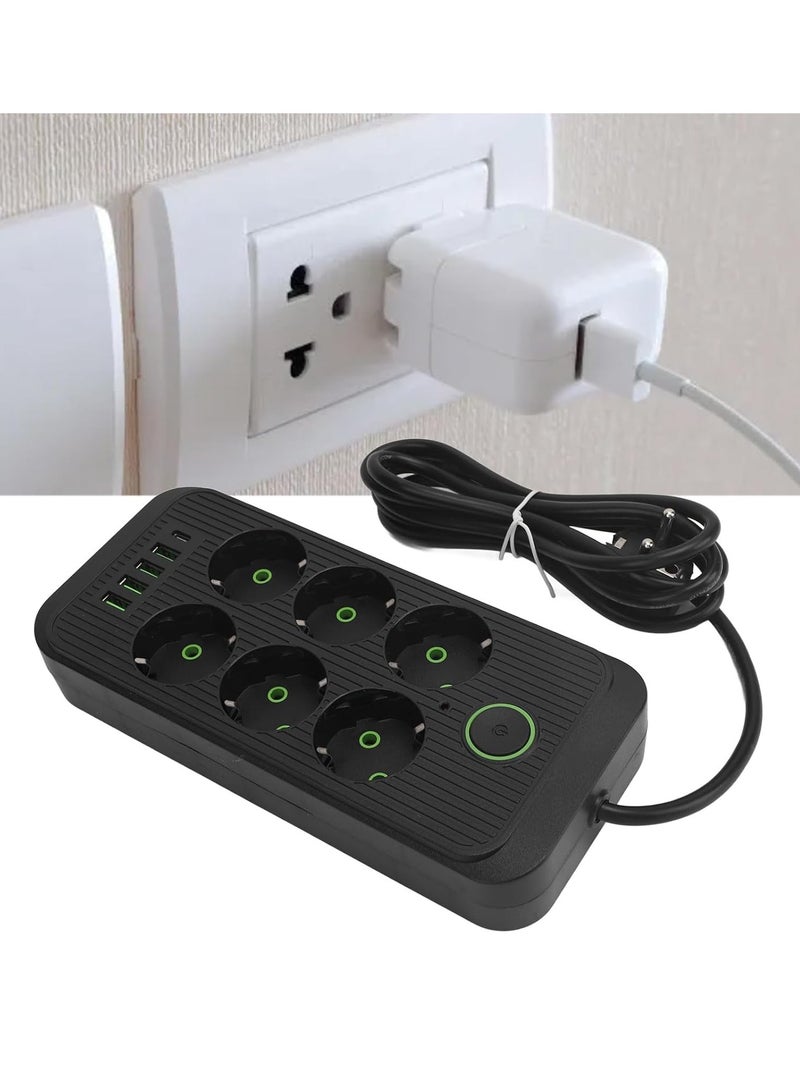 Power Strip 6-Outlet , Strong and flexible cord for powering electrical appliances 4 USB Ports and a Type-C Output, 2500W, 2m Cable, Fire-Resistant  Practical design withstands daily use and powers up to 6 devices at the same time , Ideal for offices, bedrooms, meeting tables, and computers , Durable and resistant plastic material , Stable, non-slip feet high quality  - Image 3