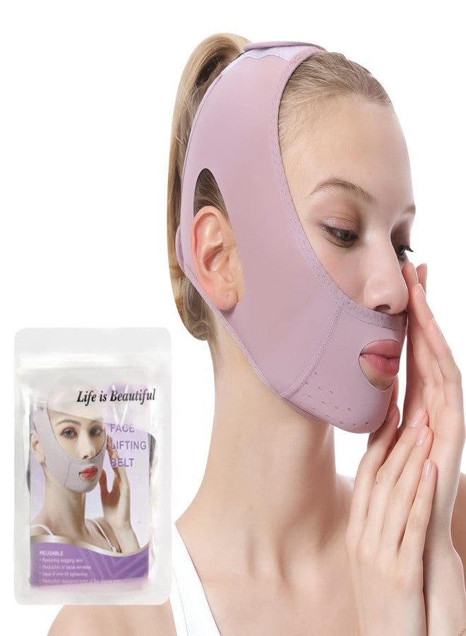 JANMISI Face Lift Belt, Facial Lifting Band Cooling Effect Face Lift Strap, Outline Lifting Shaping Face Bandage Chin Up Face Lifting Breathable V Shaped Belt (Purple) - Image 1