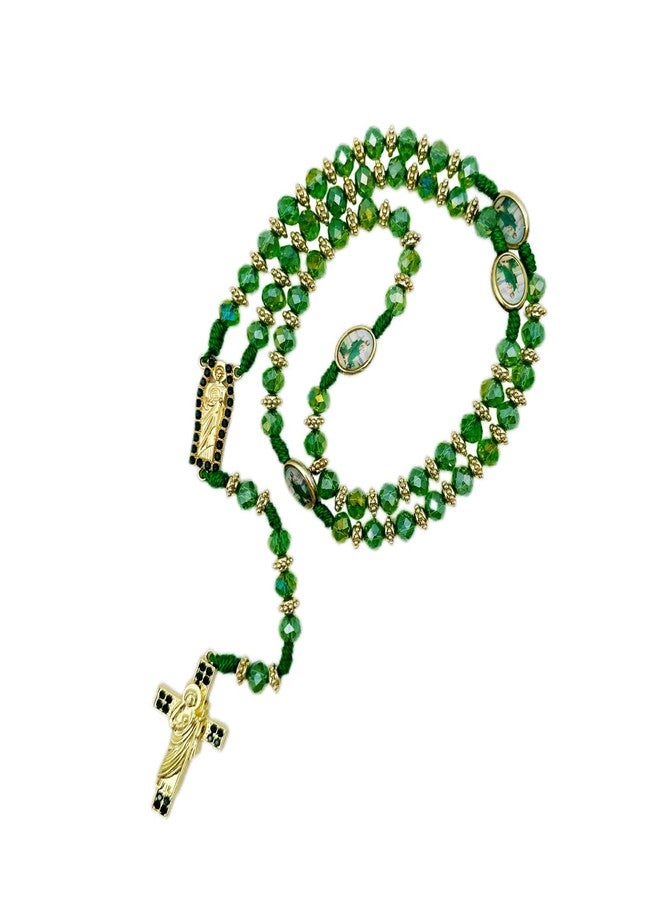 Bovemee Exquisite Rosary Saint Jude Cross Pendant Mexican Necklace - Braided Cord Green Crystal beads Chain, Charm Accessories for Men and Women, Catholic St Jude Elegant Religious Jewelry Gift Idea, 18-24 - Image 1