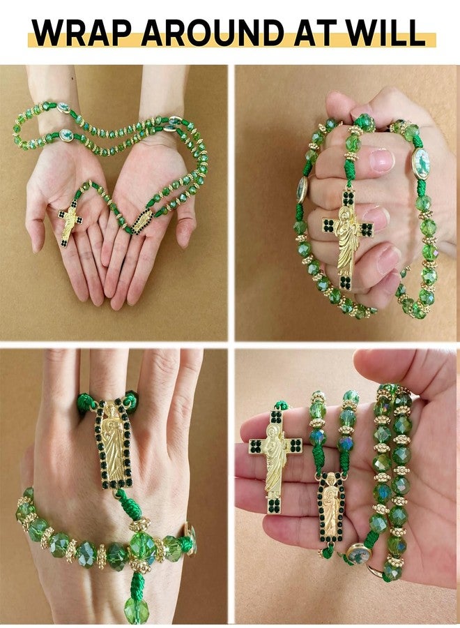 Bovemee Exquisite Rosary Saint Jude Cross Pendant Mexican Necklace - Braided Cord Green Crystal beads Chain, Charm Accessories for Men and Women, Catholic St Jude Elegant Religious Jewelry Gift Idea, 18-24 - Image 3