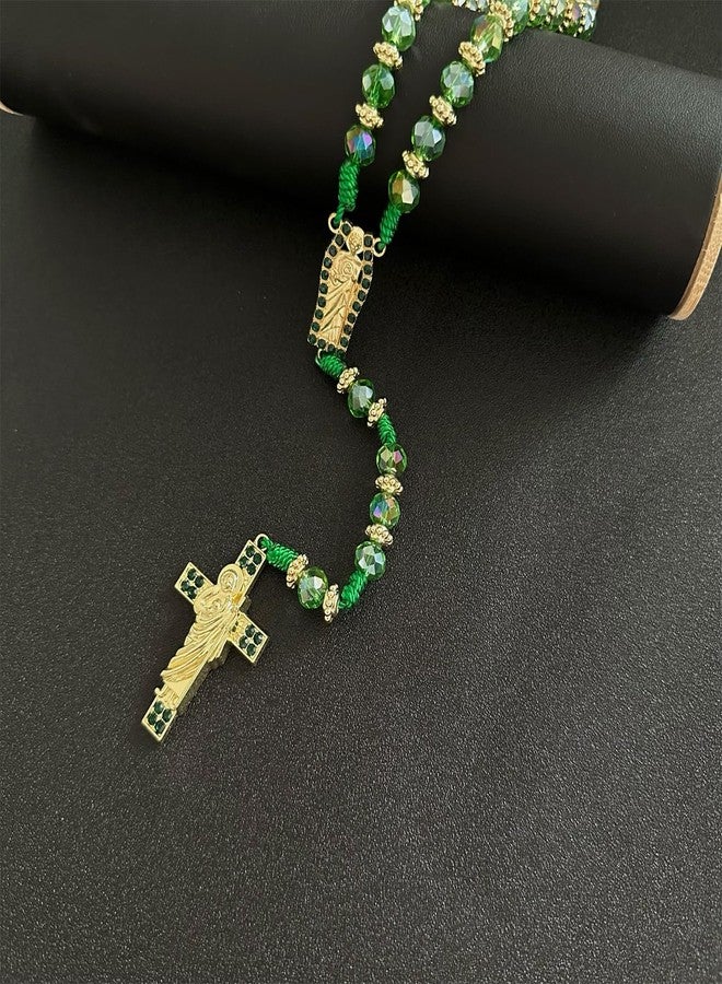 Bovemee Exquisite Rosary Saint Jude Cross Pendant Mexican Necklace - Braided Cord Green Crystal beads Chain, Charm Accessories for Men and Women, Catholic St Jude Elegant Religious Jewelry Gift Idea, 18-24 - Image 2