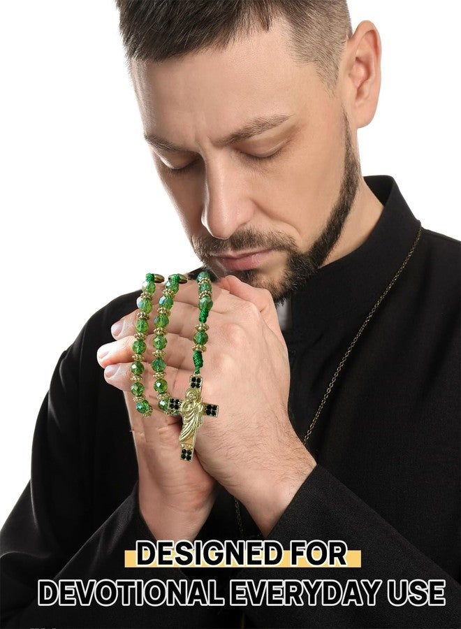 Bovemee Exquisite Rosary Saint Jude Cross Pendant Mexican Necklace - Braided Cord Green Crystal beads Chain, Charm Accessories for Men and Women, Catholic St Jude Elegant Religious Jewelry Gift Idea, 18-24 - Image 4
