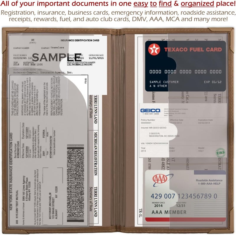 PlusXpres Auto Insurance and Registration Card Holder - Vehicle Glove Box Document Organizer - Car Essential Paperwork Holder for DMV, AAA, Contact Information Cards - Premium PU Leather Wallet Case - Brown - Image 4