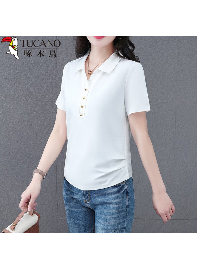 WOODPECKER Wood Women's Polo Collar Short Sleeve T-shirt Summer Stylish And Versatile Slim Shoulder-revealing Half Sleeve Top White L - Image 2