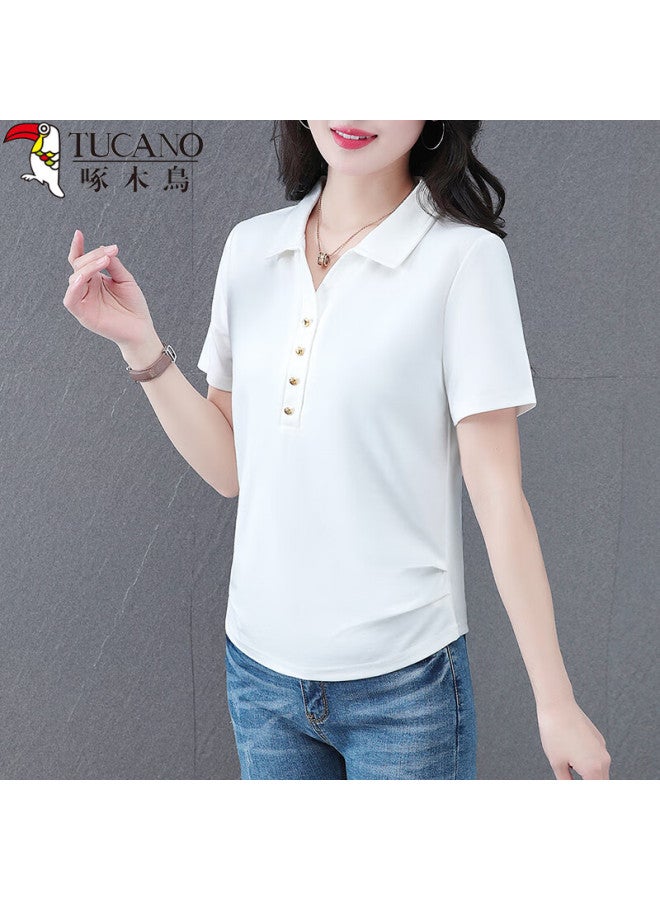 WOODPECKER Wood Women's Polo Collar Short Sleeve T-shirt Summer Stylish And Versatile Slim Shoulder-revealing Half Sleeve Top White L - Image 1
