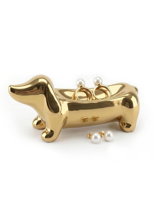 Geyynow Dachshund Ring Holder, Gold Ceramic Weiner Dog Trinket Tray for Women - Image 1