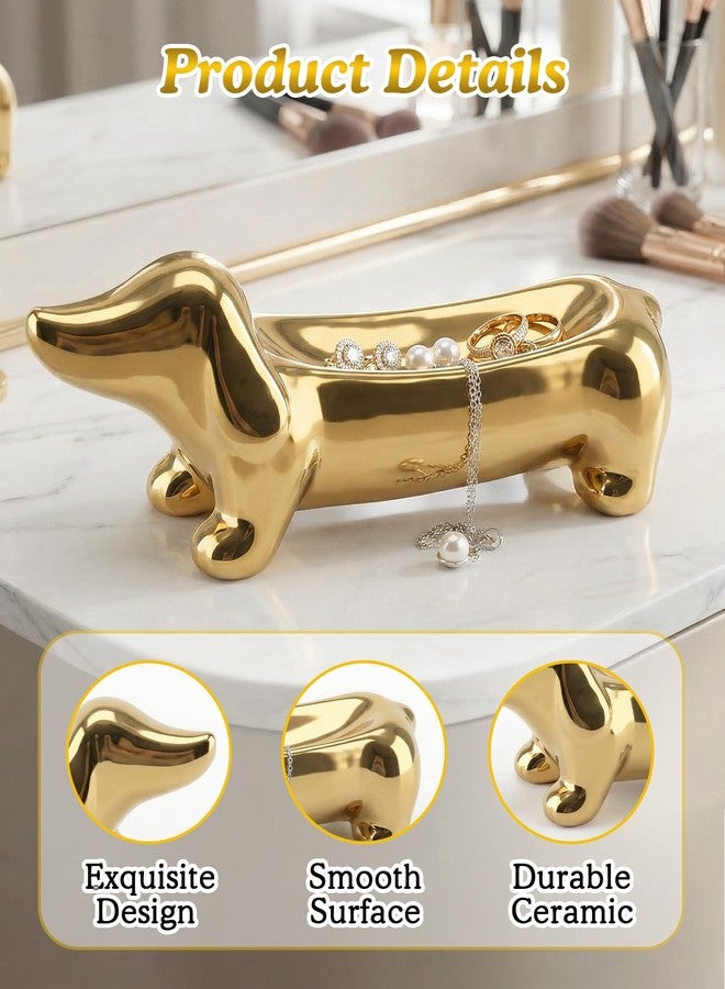 Geyynow Dachshund Ring Holder, Gold Ceramic Weiner Dog Trinket Tray for Women - Image 3