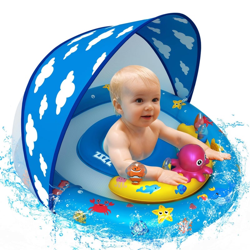 ZIZZ Baby Pool Float with Canopy - Inflatable Baby Swimming Float with UPF50+Sun Protection, Infant Pool Float with Toy Play Console Adjustable Seat for Boys Girls Toddler 6-36 Months - Image 1
