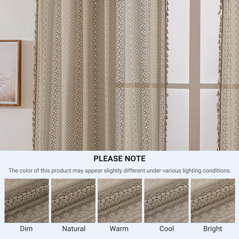 WAZZIO Boho Lace Curtains 63 Inches 2 Panel,Light Filtering Privacy Tassel & Geometry Crochet Semi Sheer Curtain Drapes for Bedroom Living Dining Room,Rod Pocket & Tassel,Earthy Color Taupe - Image 4