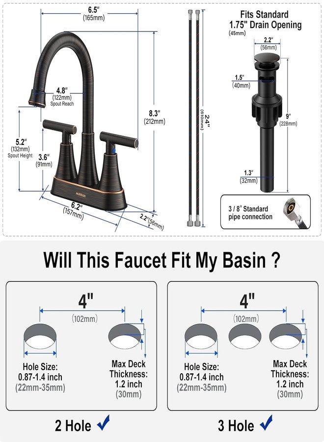 Hurran Bathroom Faucets for Sink 3 Hole, 4 inch Oil Rubbed Bronze Bathroom Sink Faucet with Pop-up Drain and Supply Hoses, Stainless Steel Lead-Free Centerset Faucets for Bathroom Sink Vanity RV - Image 5