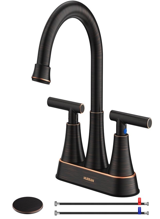 Hurran Bathroom Faucets for Sink 3 Hole, 4 inch Oil Rubbed Bronze Bathroom Sink Faucet with Pop-up Drain and Supply Hoses, Stainless Steel Lead-Free Centerset Faucets for Bathroom Sink Vanity RV - Image 1
