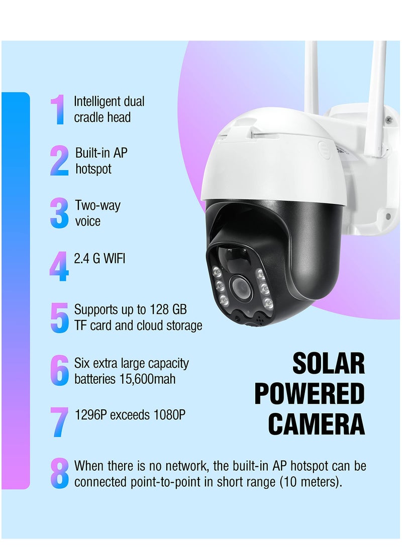 Security Camera Wireless Outdoor 3MP Ultra HD 2K Smart Camera, 3MP Solar Powered 2.4G WiFi 360° View Pan Tilt Strobe Light Spotlight Color Night Vision PIR Human Detection 2-Way Talk IP66 PTZ - Image 2