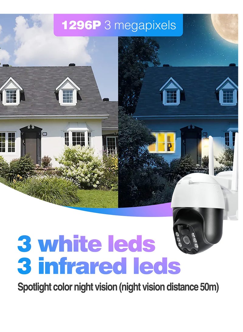 Security Camera Wireless Outdoor 3MP Ultra HD 2K Smart Camera, 3MP Solar Powered 2.4G WiFi 360° View Pan Tilt Strobe Light Spotlight Color Night Vision PIR Human Detection 2-Way Talk IP66 PTZ - Image 5