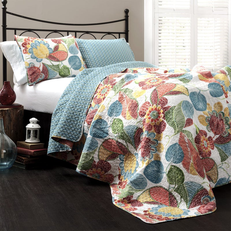 Lush Decor Layla Quilt Floral Leaf Print 3 Piece Reversible Bedding Set FullQueen Orange Blue