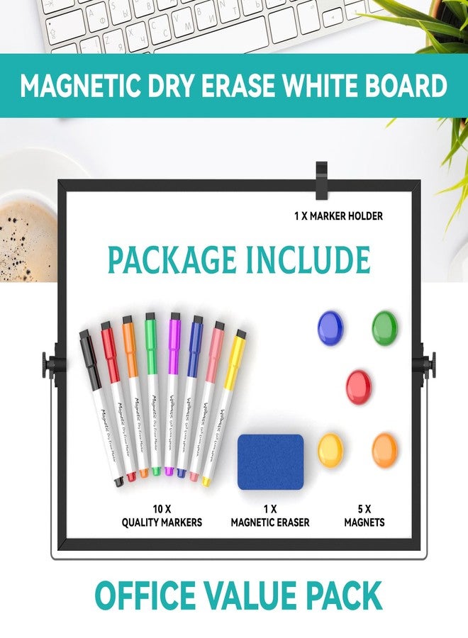 Cazeyoo Dry Erase White Board, Cazeyoo Magnetic Desktop Whiteboard 16 x 12inch with Stand, 10 Markers, 4 Magnets and 1 Eraser, Portable Double-Sided White Board for Kids Drawing, Office, Home, School - Black - Image 2